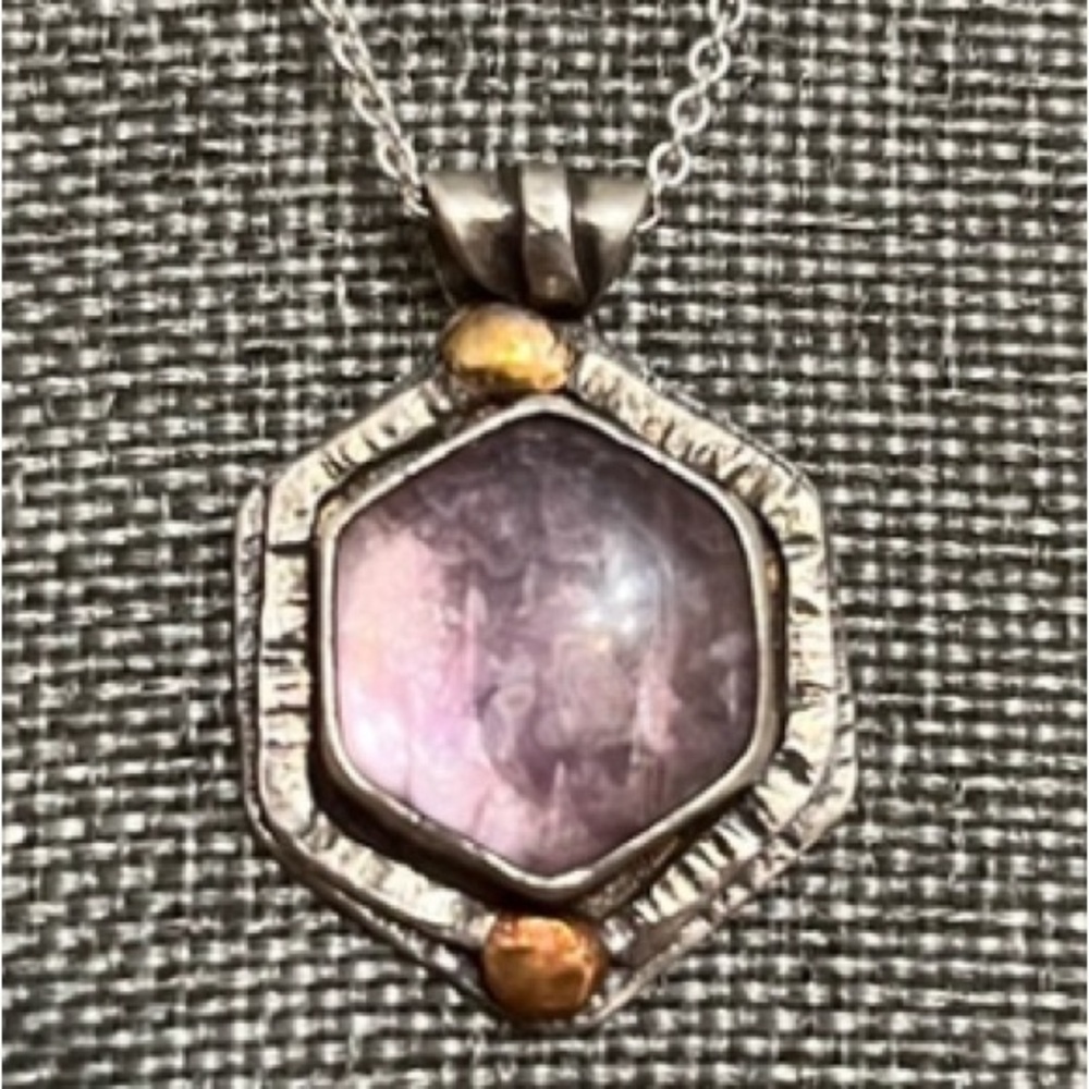 Handmade pendant: Lepidolite, Sterling w/ fine silver bezel, & brass accent dots